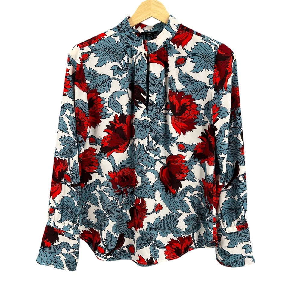 Ann Taylor Factory Blouse Red‎ Blue Floral and Bird Print XS